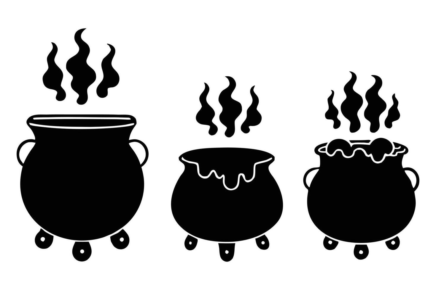 Three Mystical Black Cauldrons Brewing Mysterious Potions, Halloween Clipart, Spooky Illustration - Professional digital artwork with vibrant colors and detailed composition vector