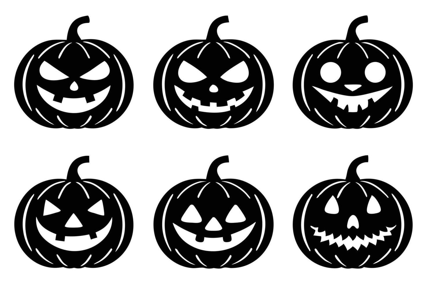 Six Spooky Black Halloween Jack-o-Lantern Pumpkins with Varying Grinning Faces Isolated on White Background - Professional digital artwork with vibrant colors and detailed composition vector