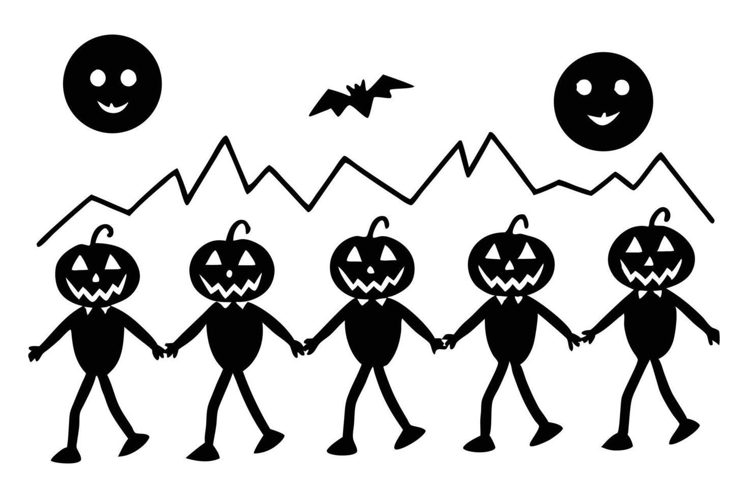 Playful Halloween Jack-o-lanterns Dancing Joyfully Underneath Spooky Moons and a Bat in a Whimsical Night Setting vector