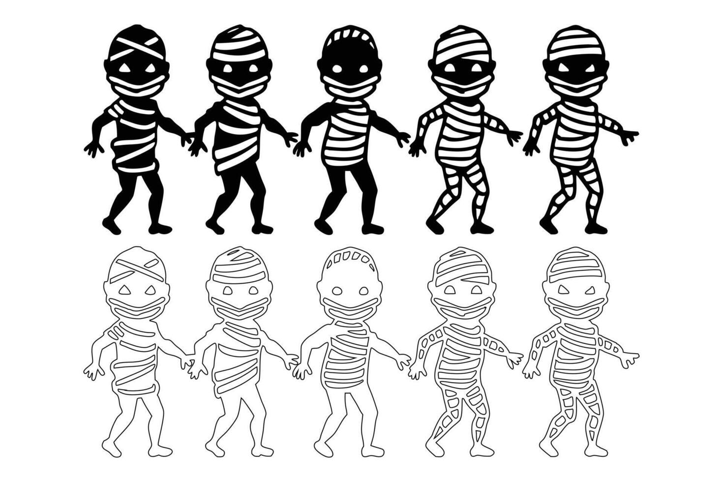 Playful Halloween Mummy Characters Spooky, Cartoonish Line Art and Silhouette Designs for Festive Projects - Professional digital artwork with vibrant colors and detailed composition vector