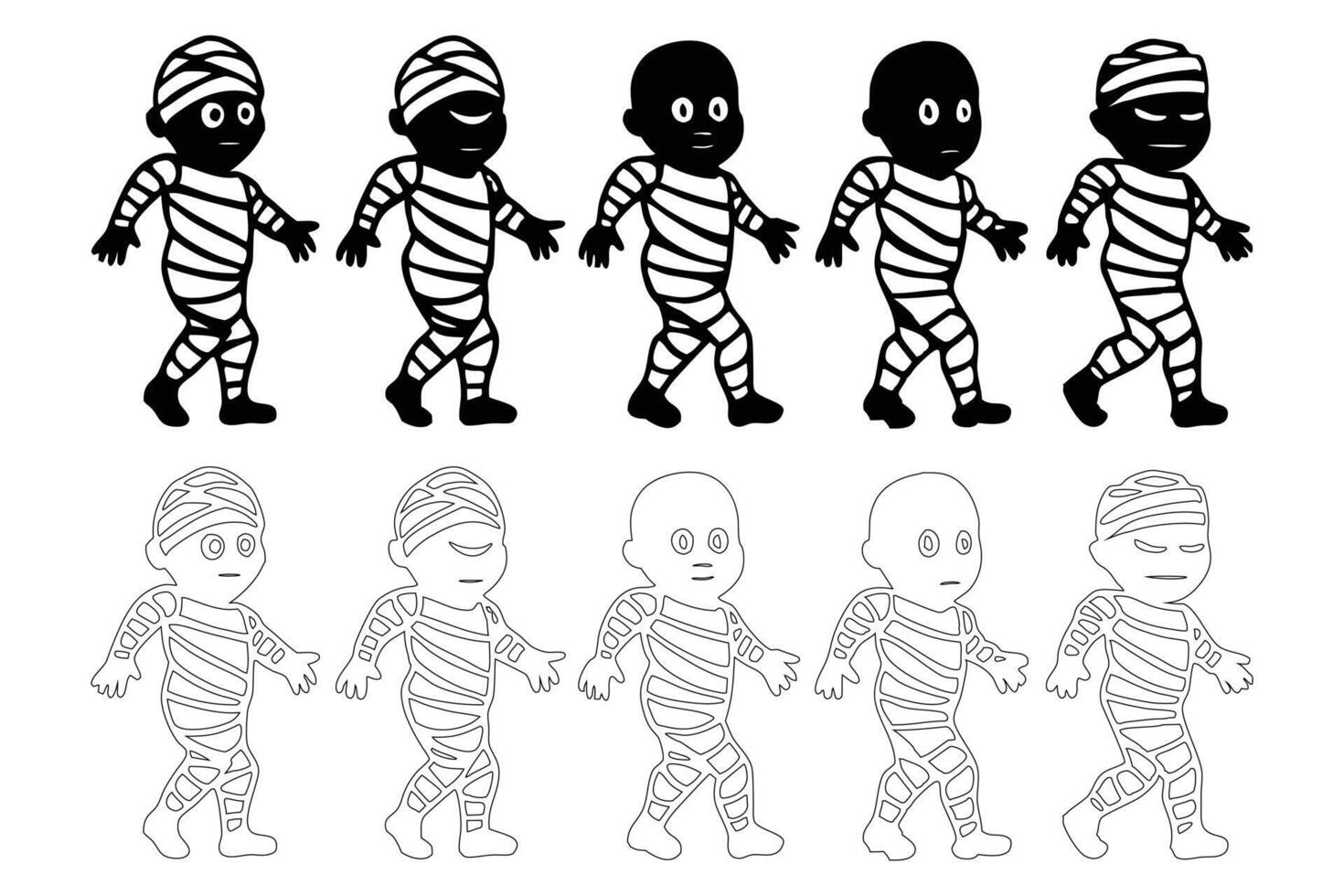 Spooky Halloween Mummy Characters Walking Animation Dark, Monochrome Illustration of Cartoon Mummies in Motion - Professional digital artwork with vibrant colors and detailed composition vector