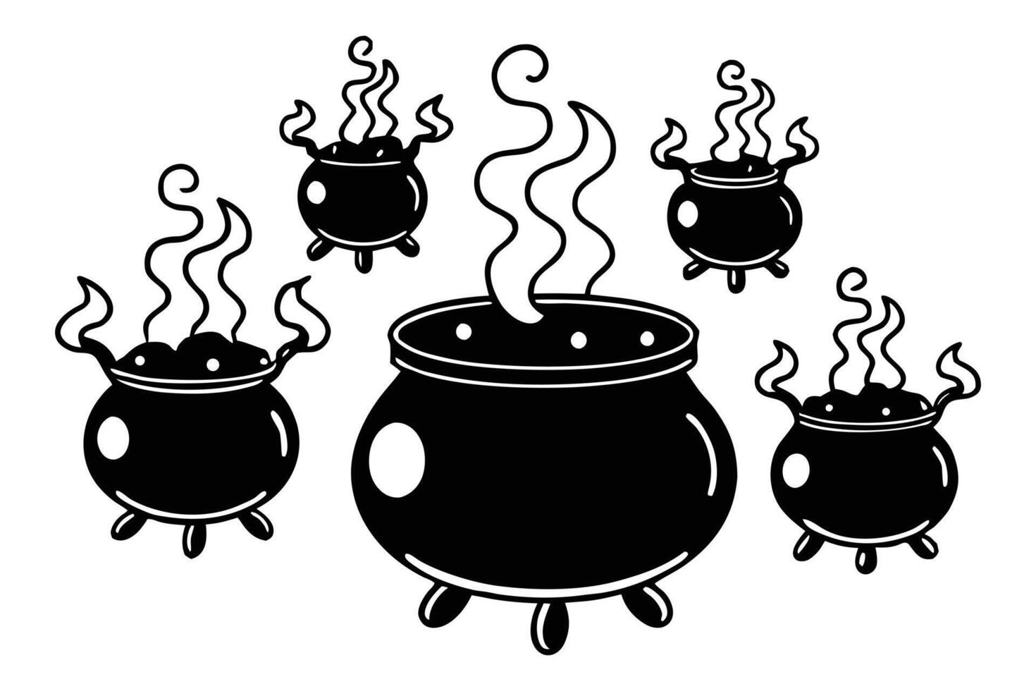 Mystical Halloween Cauldron Illustration Four Steaming Black Pots Brewing a Spooky Potion in a Whimsical Setting vector