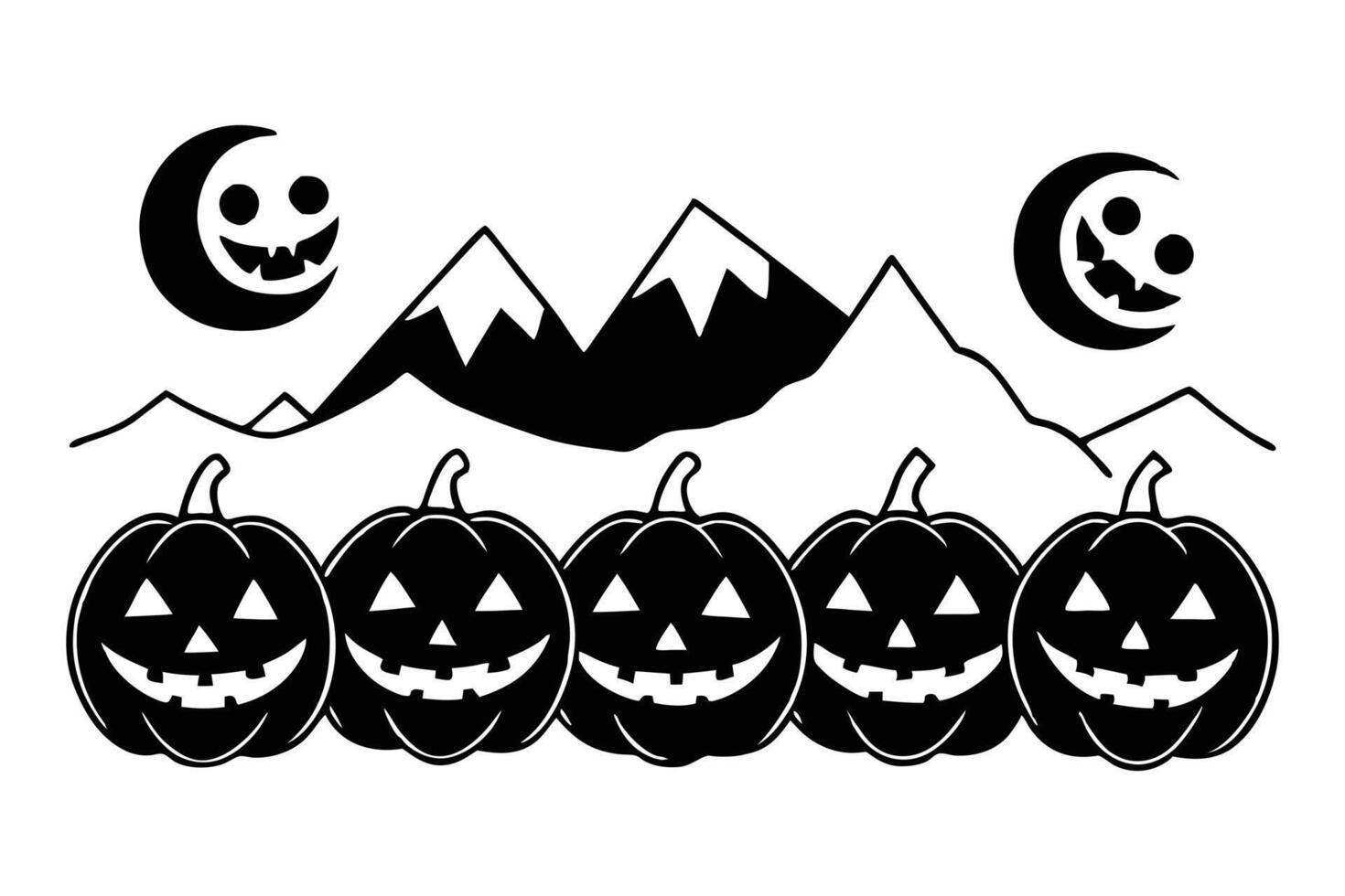 Spooky Halloween Jack-o-Lanterns Grinning Beneath a Creepy Moonlit Mountain Range - Professional digital artwork with vibrant colors and detailed composition vector