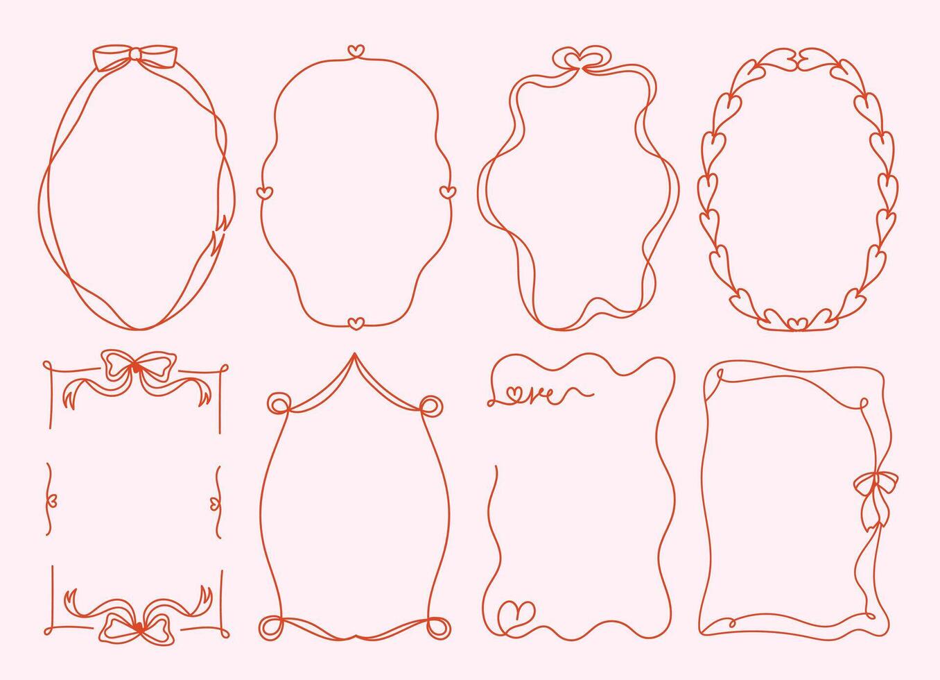 Set of simple and whimsical hand drawn border and frames illustrations for Valentine's Day, weddind,invitation, card, banner, poster vector