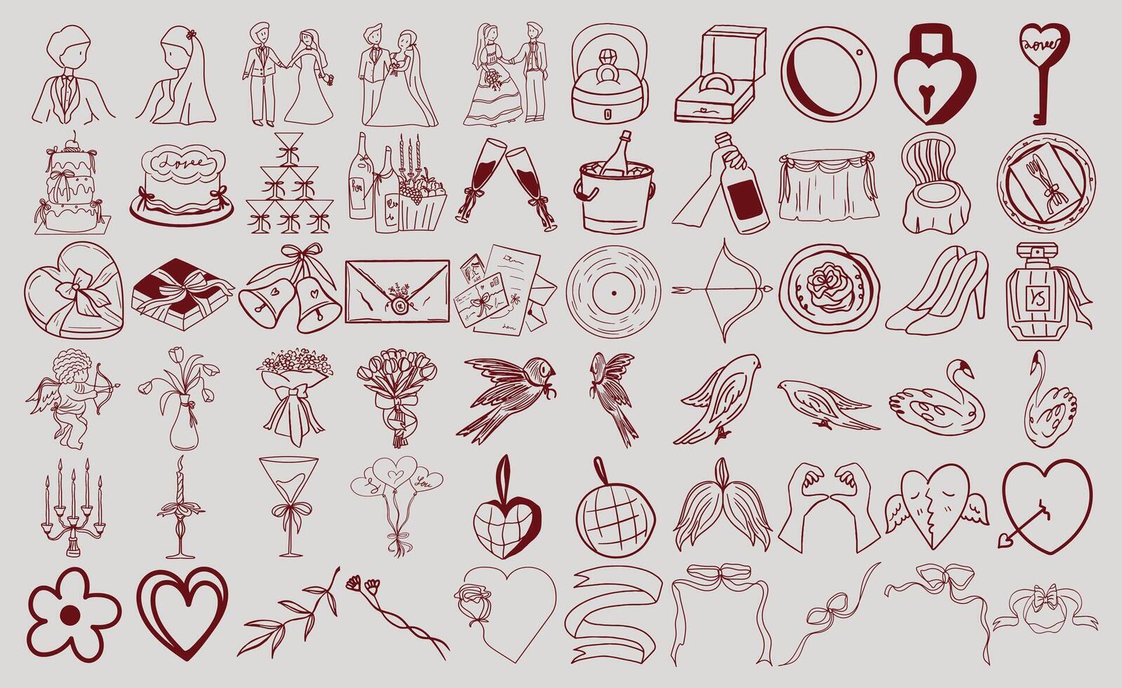 Set of whimsical handdrawn wedding. Outline illustrtion vector