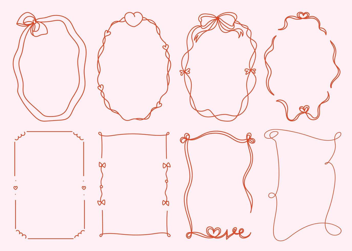 Set of simple and whimsical hand drawn border and frames illustrations for Valentine's Day, weddind,invitation, card,cover, banner, poster vector