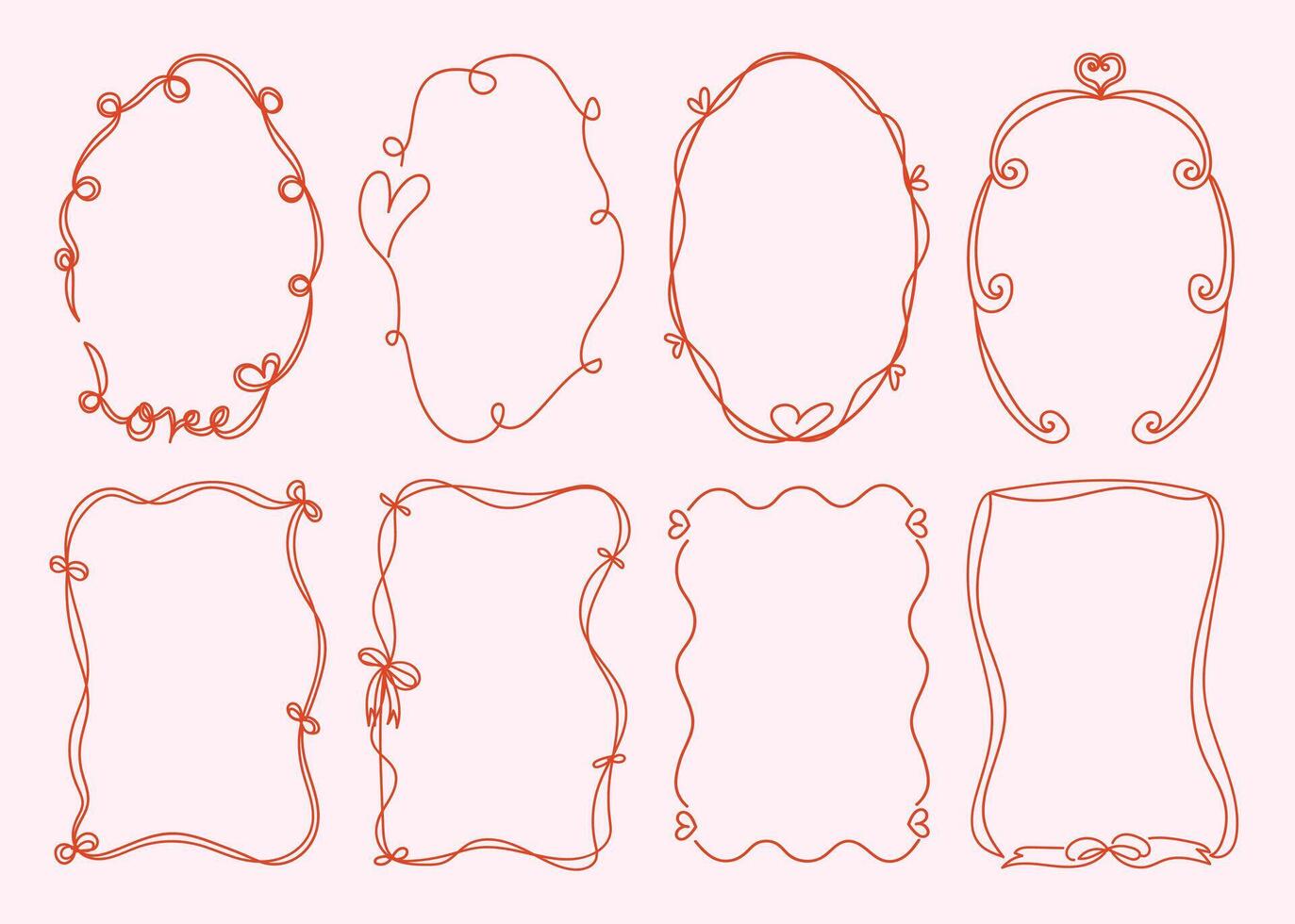 Set of simple and whimsical hand drawn border and frames illustrations for Valentine's Day, weddind,invitation, card,cover, banner, poster and more vector