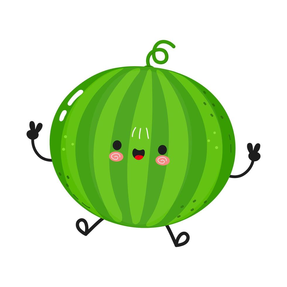 A happy watermelon cartoon character gives a peace sign and is full of joy and smiles vector