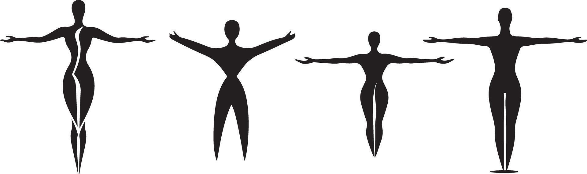 body silhouette, flat illustration style, white background, simple and minimalistic lines forming the outline of human bodies with arms outstretched to form an X shape, vector
