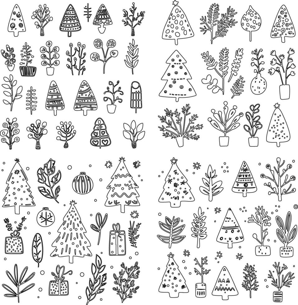 Christmas tree and plant doodle set, illustration in black on a white background, simple shapes, simple design, hand-drawn doodles vector