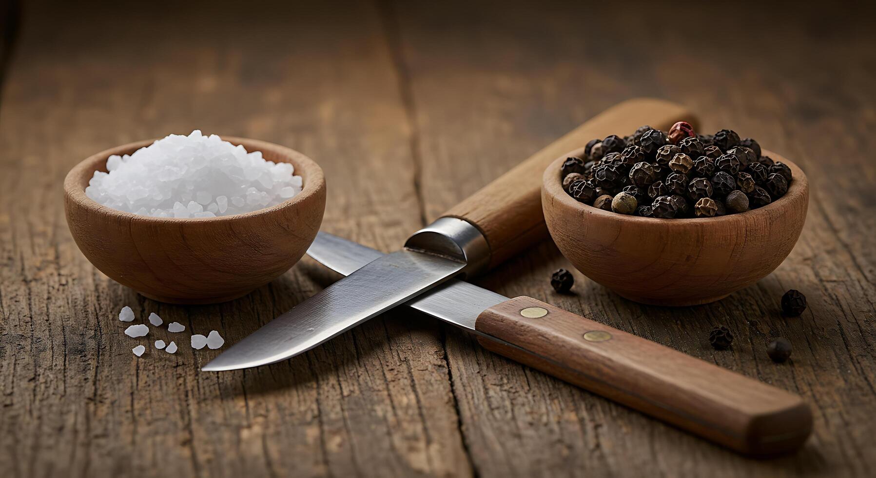 A wooden table with two bowls of salt and pepper photo