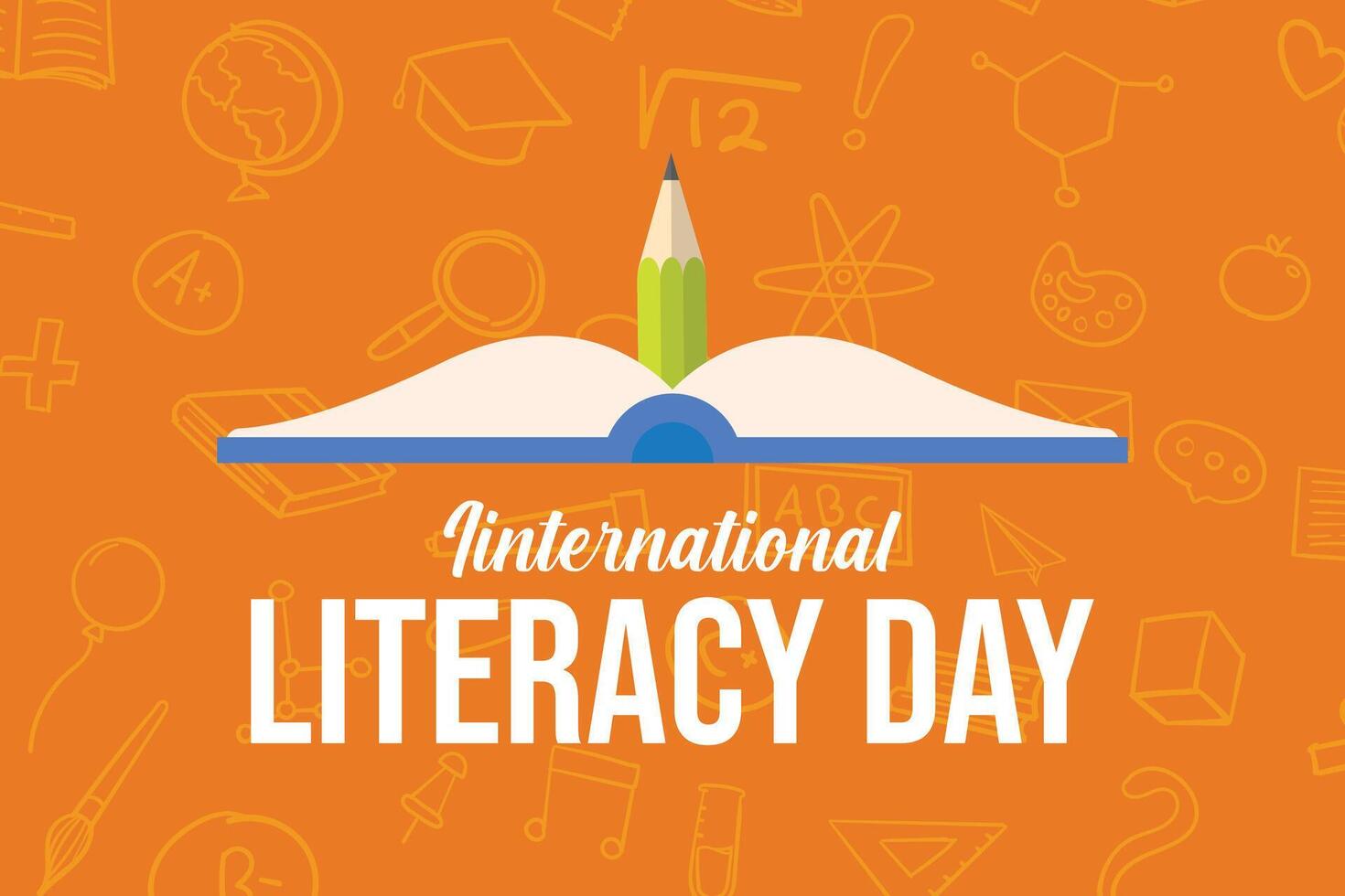 International literacy day. 8 September. Open book and pencil, graphs symbols. Illustration vector