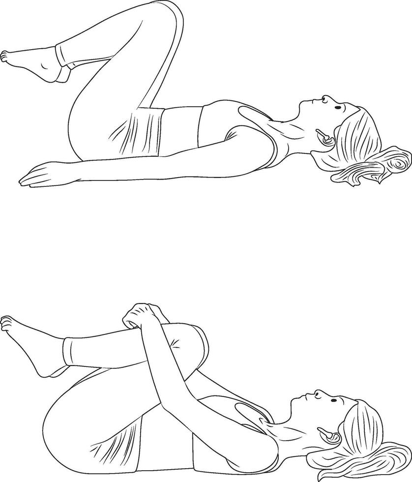 Ab prep pose, yoga and pilates exercise, Woman outline illustration. vector