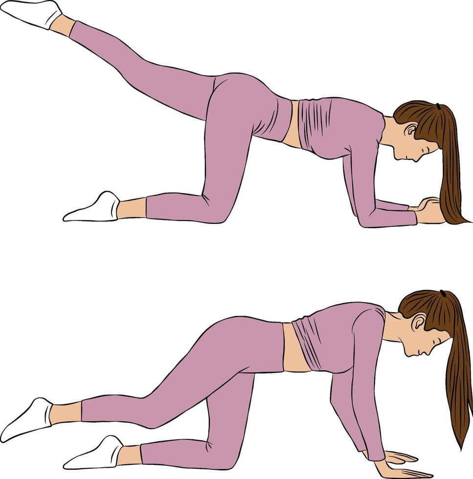 Donkey kick Pilates pose, Woman illustration, yoga and fitness exercise. vector