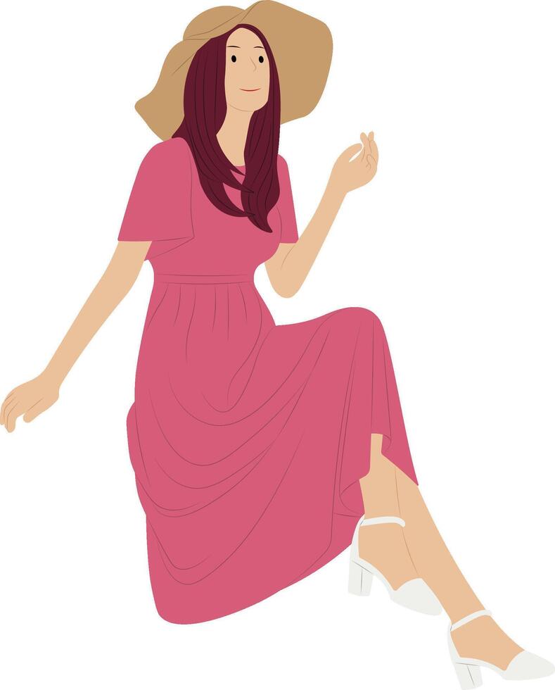 Woman in pink dress and wide-brim hat sitting on floor - fashion illustration. vector
