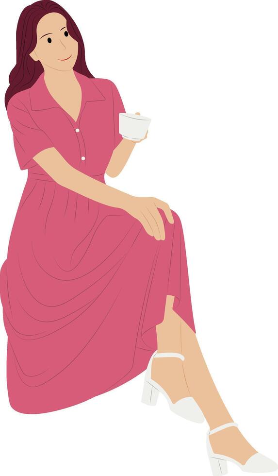 Elegant woman in pink dress holding a coffee cup - seated pose illustration. vector