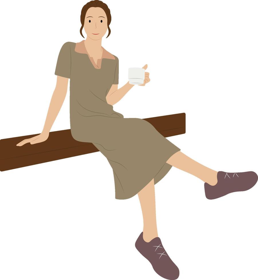 Woman in casual dress sitting on desk while holding a coffee cup. vector