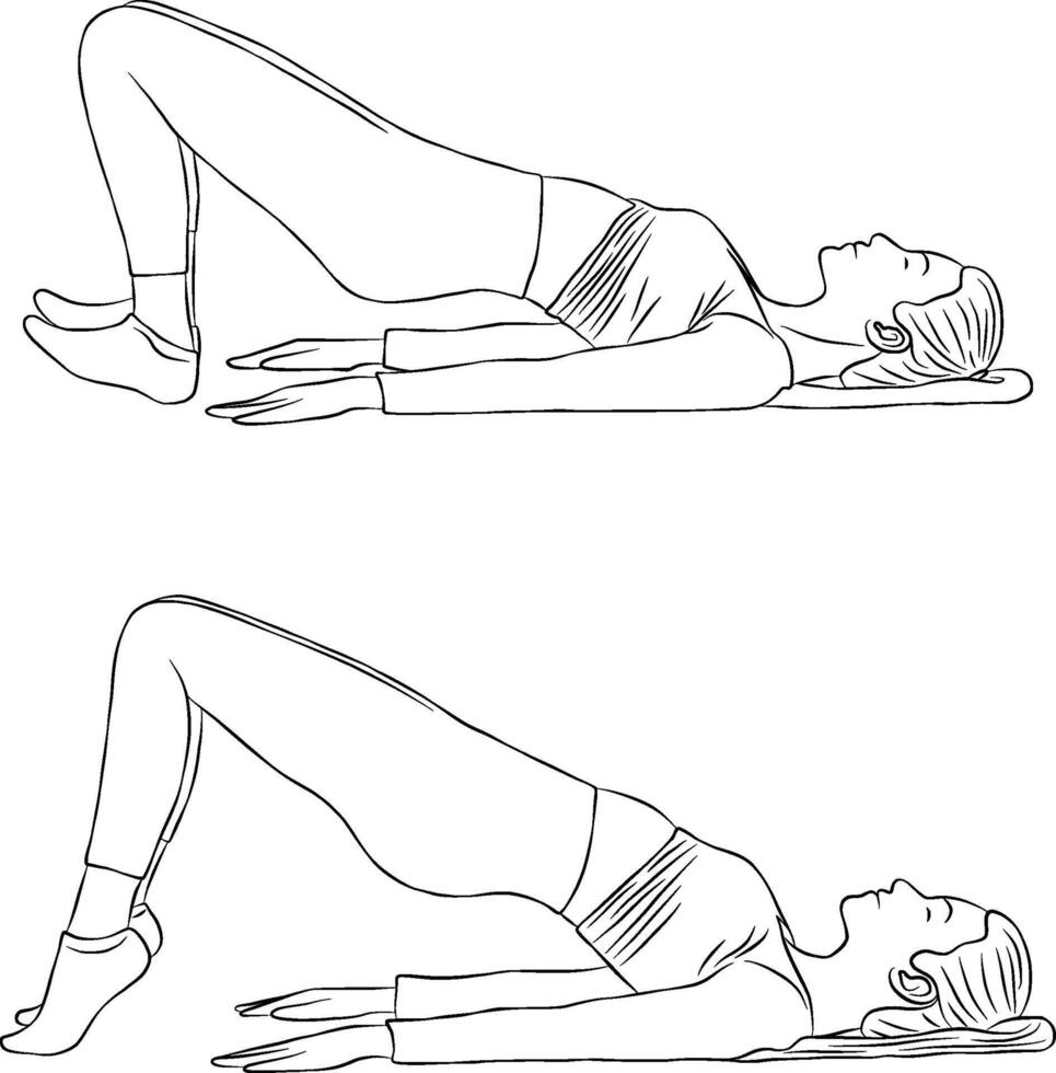 Shoulder bridge pose, Woman outline illustration, yoga and pilates exercise. vector