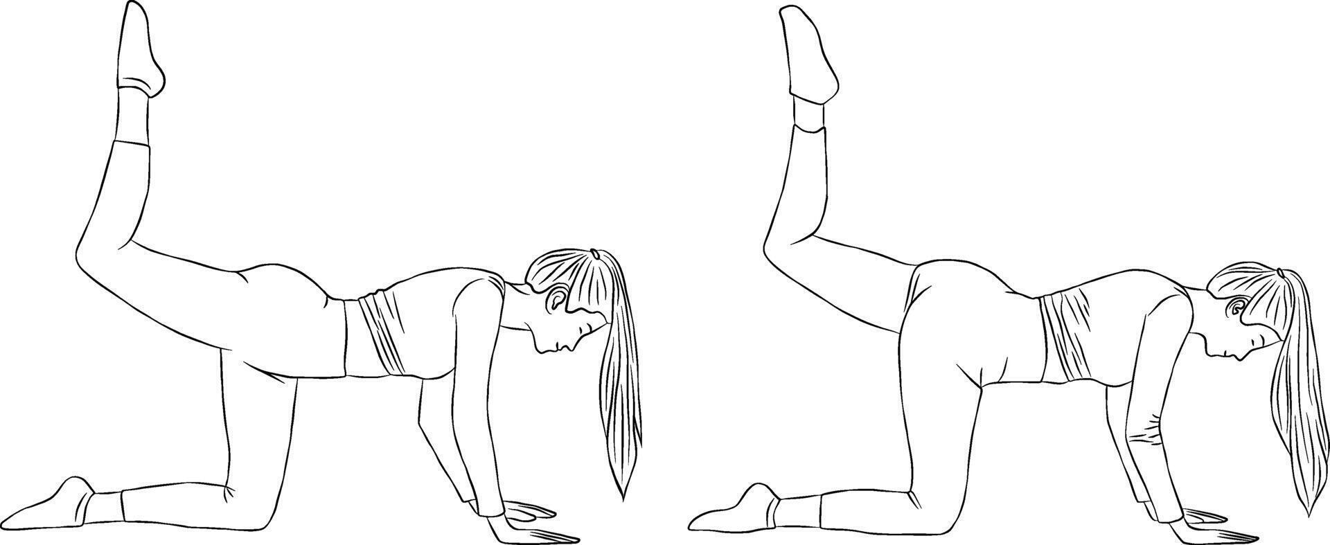 Single leg glute kick back pose, yoga and pilates exercise, Woman outline illustration. vector