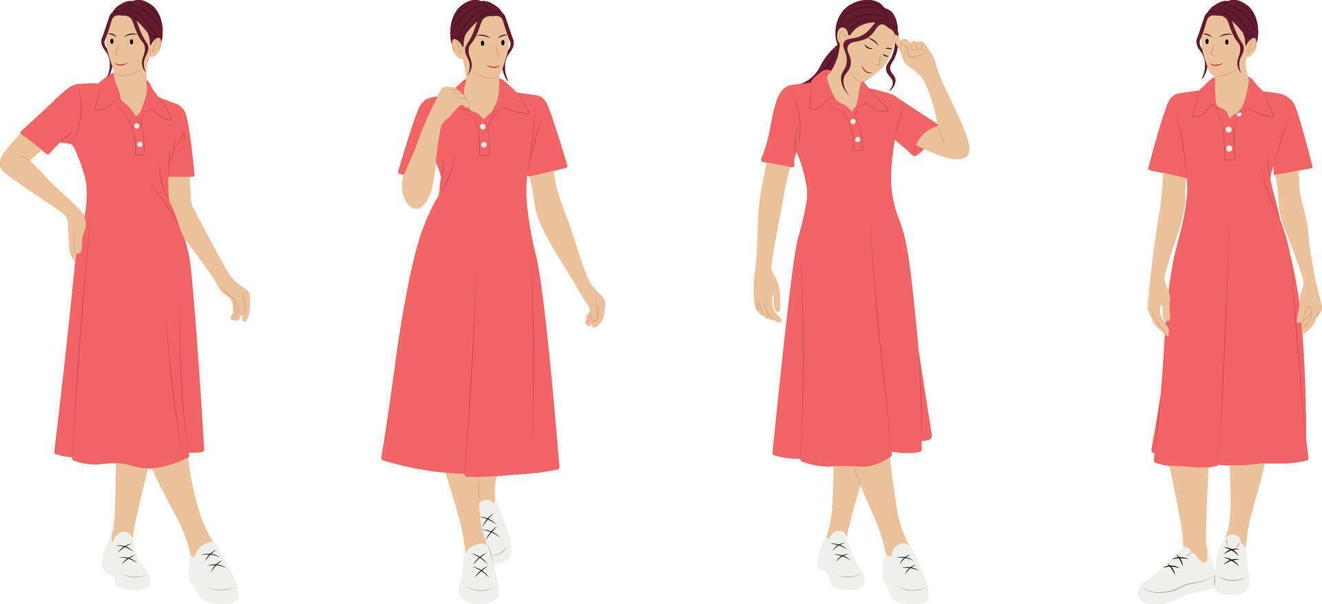 Casual fashion illustration of woman in pink dress and sneakers. vector