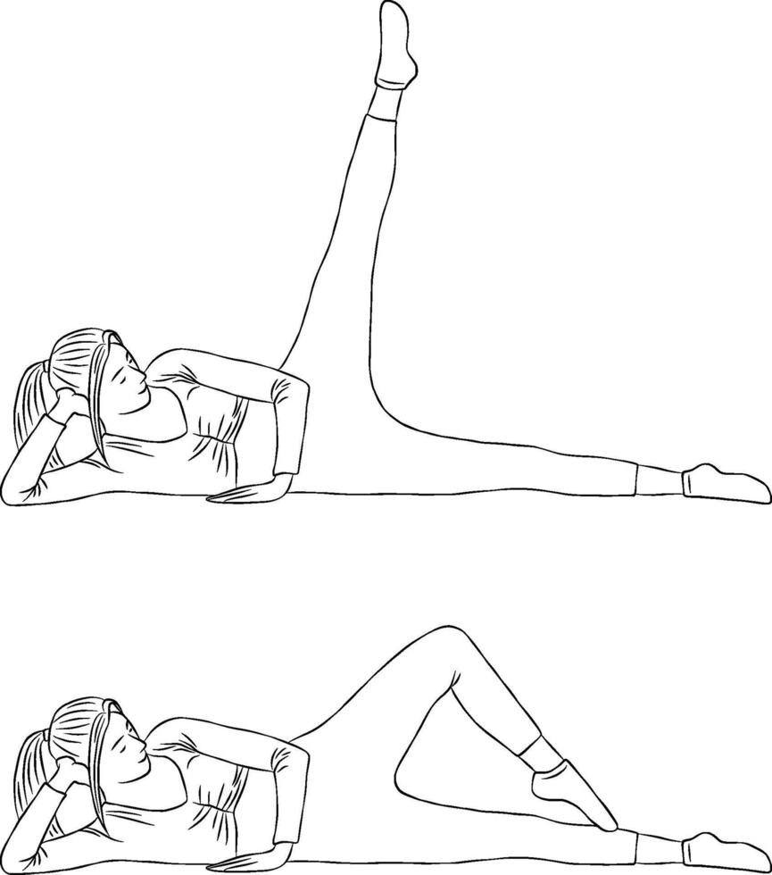 Side leg raise pose, Woman outline illustration, yoga and pilates exercise. vector