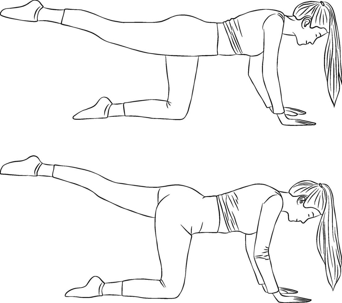 Glute kick back pose, yoga and pilates exercise, Woman outline illustration. vector