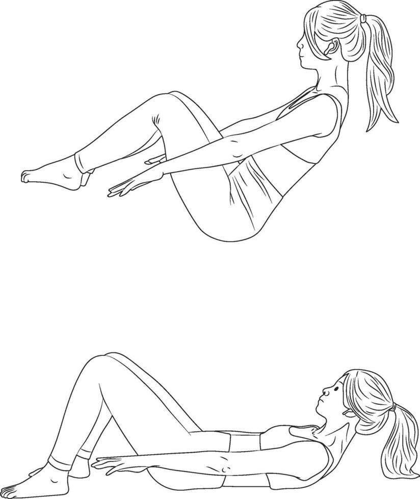 Hundred exercise pose, yoga and pilates exercise, Woman outline illustration. vector