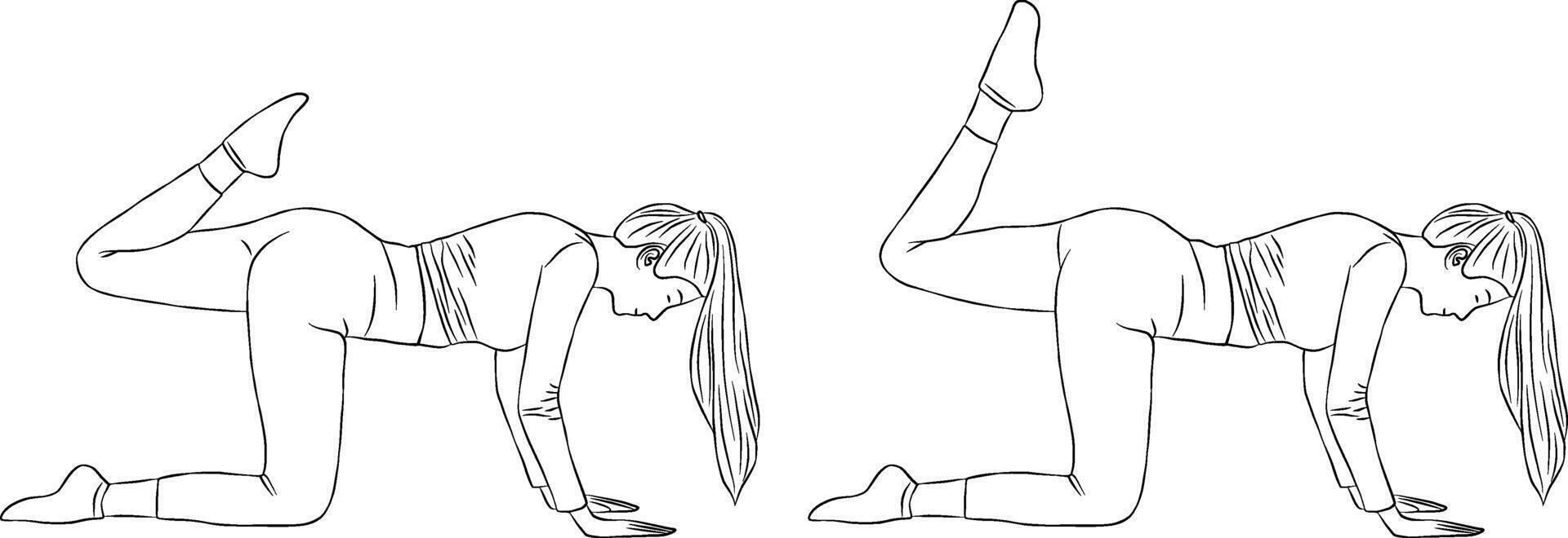 Glute kick back pose, Woman outline illustration, yoga and pilates exercise. vector