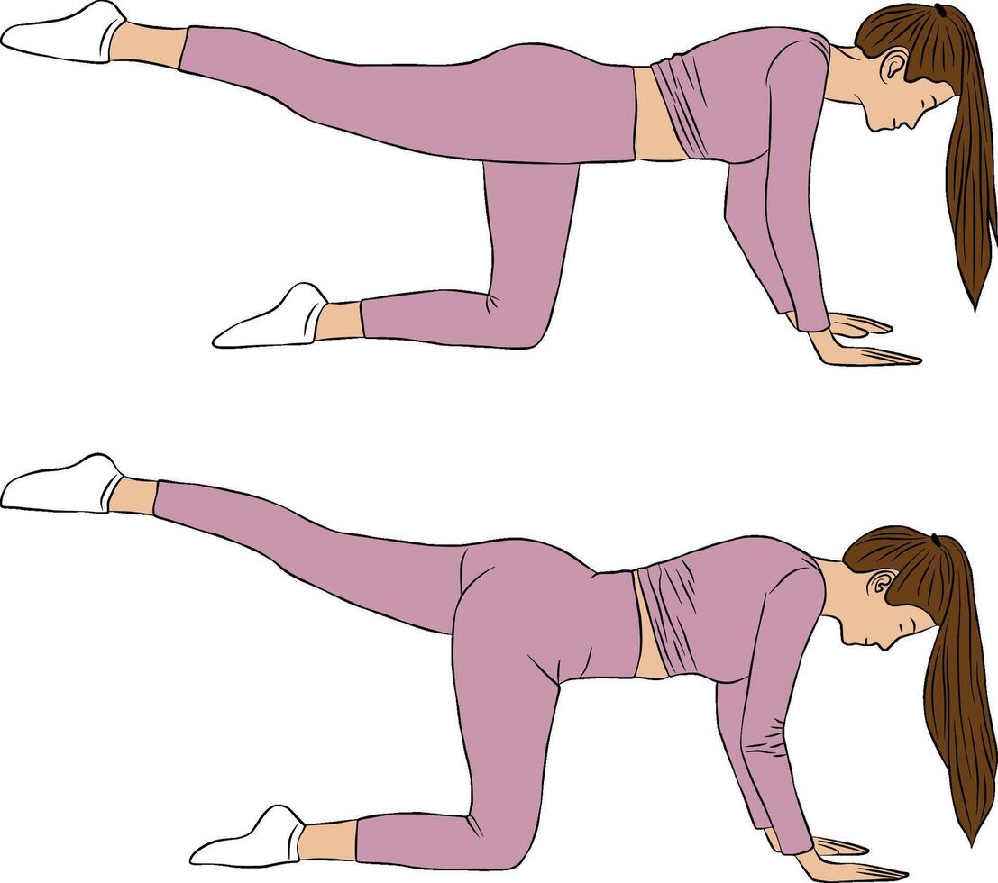 Glute kick back pose, yoga and Pilates exercise, Woman illustration. vector