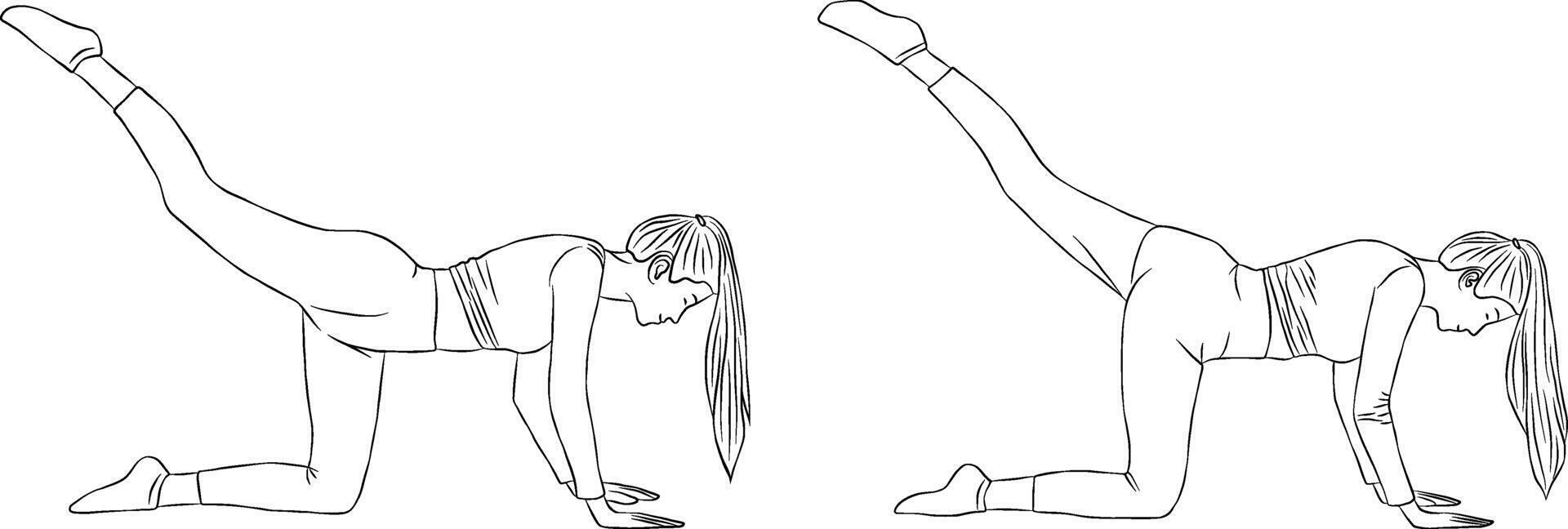 Shoulder bridge with glute kick back pose, yoga and pilates exercise, Woman outline illustration. vector