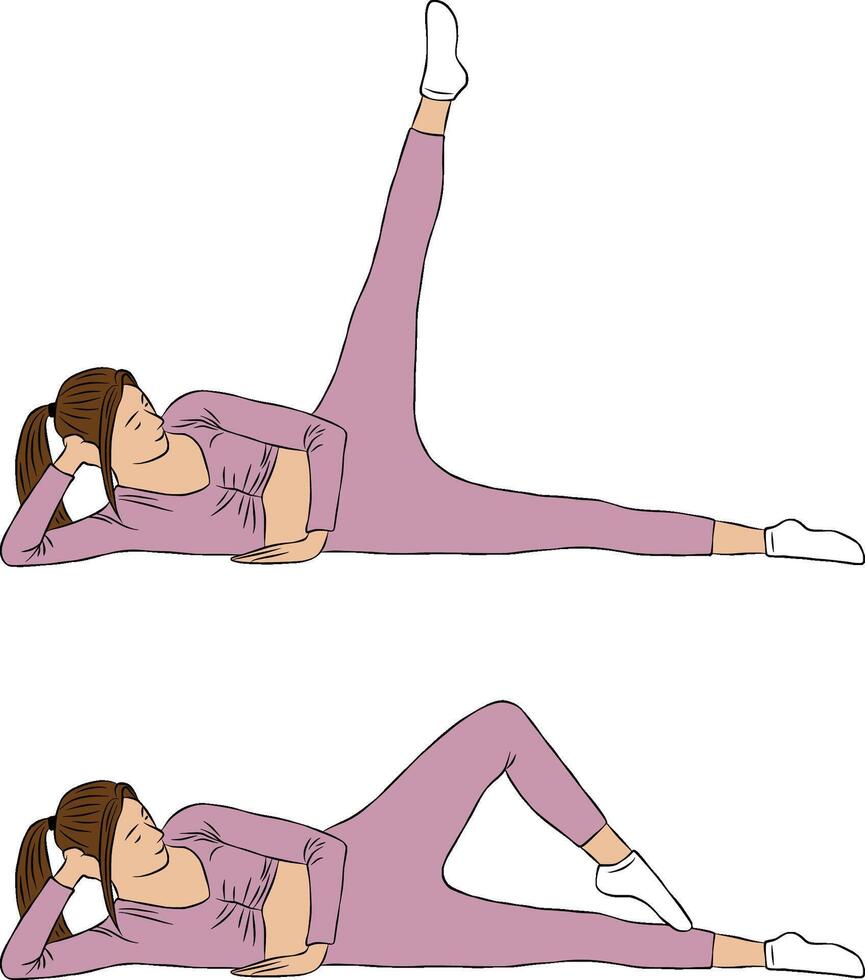 Side leg raise pose, Woman illustration, yoga and Pilates exercise. vector