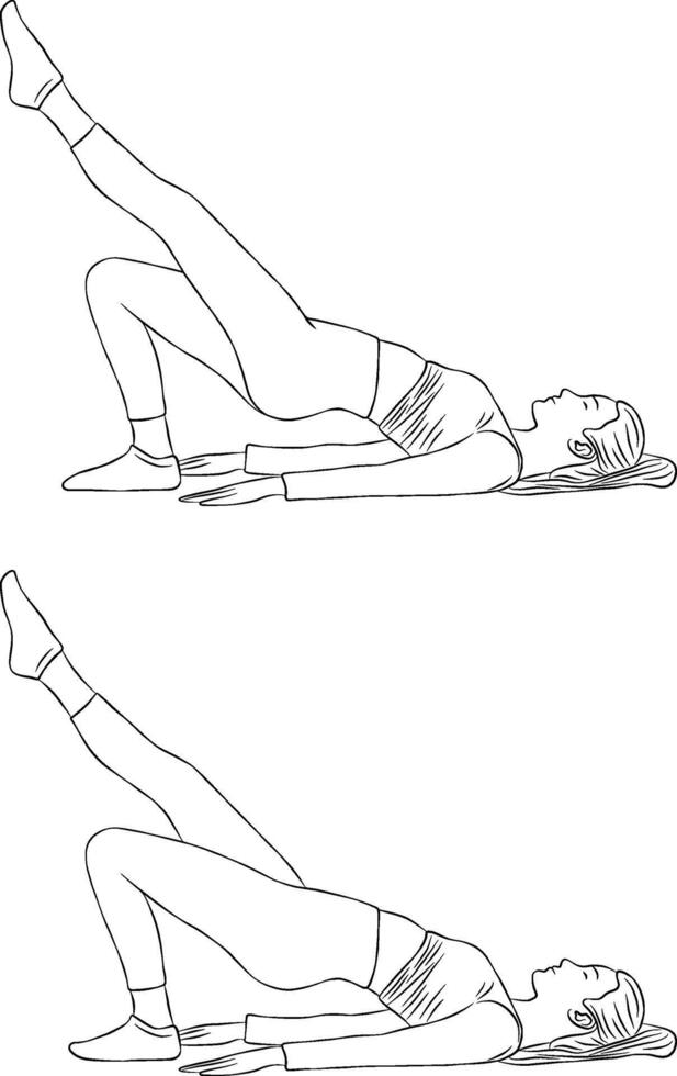 Shoulder bridge with leg raised pose, Woman outline illustration, yoga and pilates exercise. vector