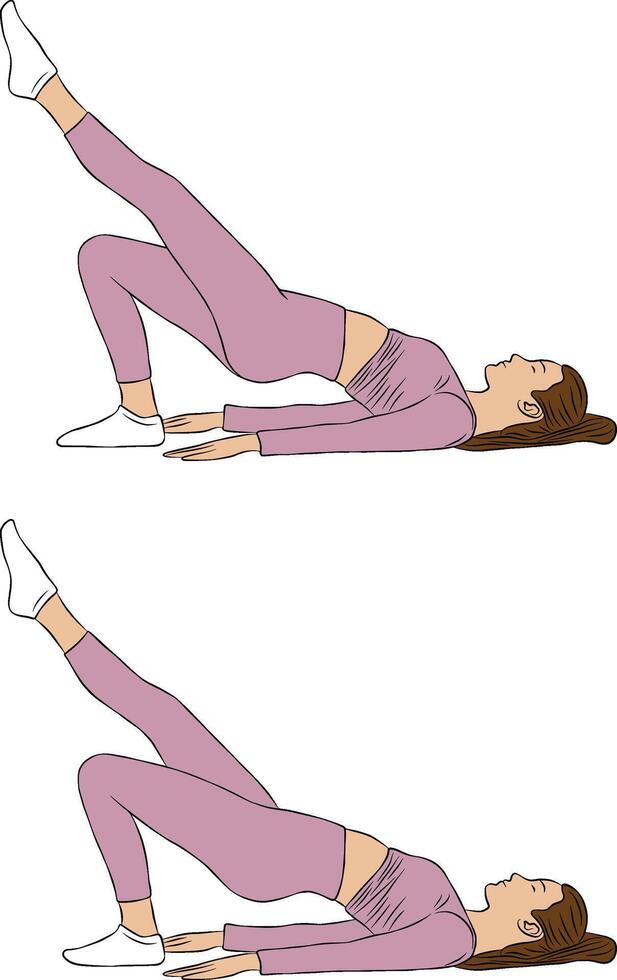 Shoulder bridge with leg raised pose, Woman illustration, yoga and Pilates exercise. vector