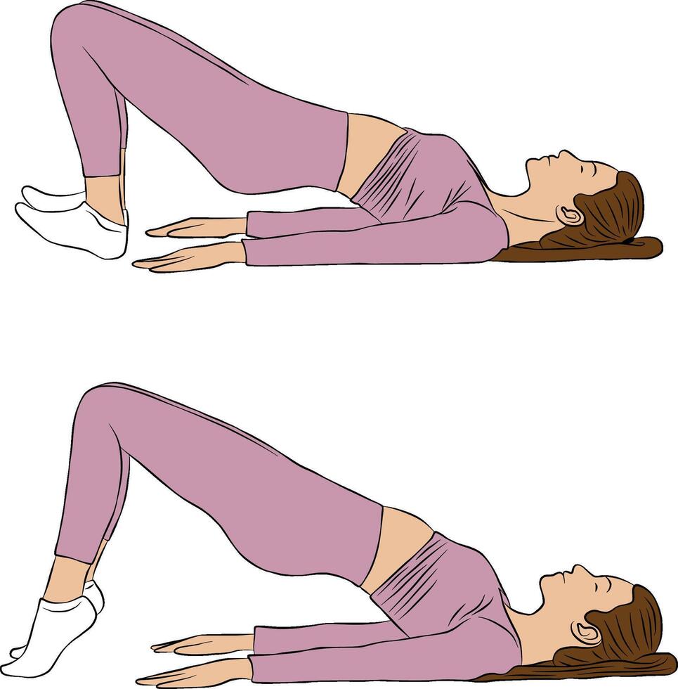 Shoulder bridge pose, Woman illustration, yoga and Pilates exercise. vector