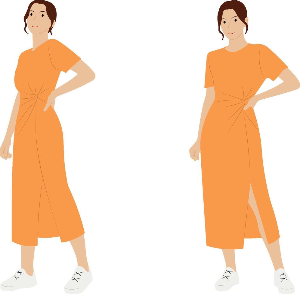 Woman in orange dress and white sneakers standing poses - fashion illustration. vector