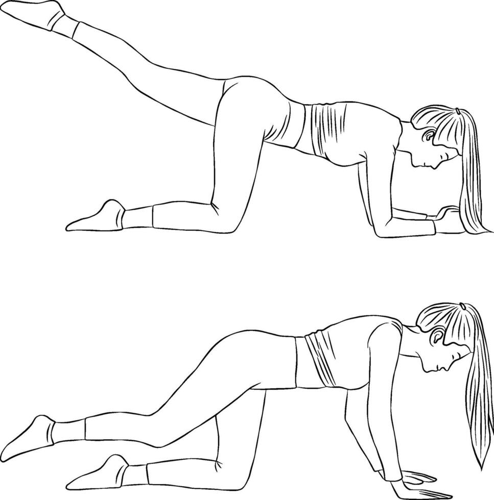 Donkey kick pilates pose, Woman outline illustration, yoga and fitness exercise. vector