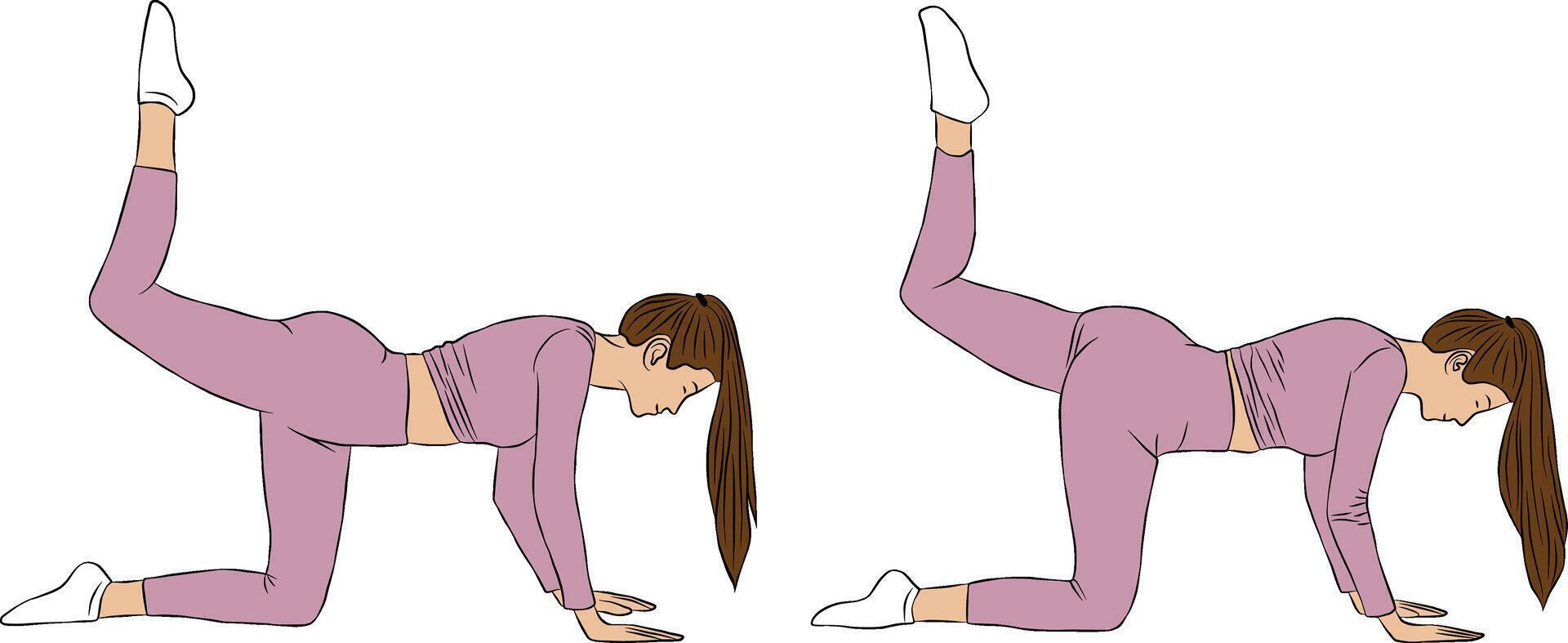 Single leg glute kick back pose, yoga and pilates exercise, Woman illustration. vector