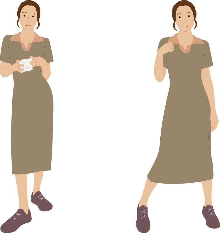 Woman in brown dress and dark brown sneakers, standing while holding a coffee cup. vector