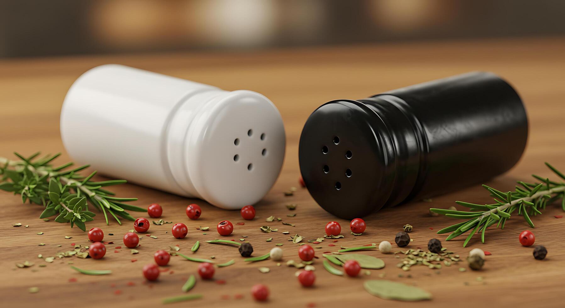 A salt and pepper shaker on a wooden table photo