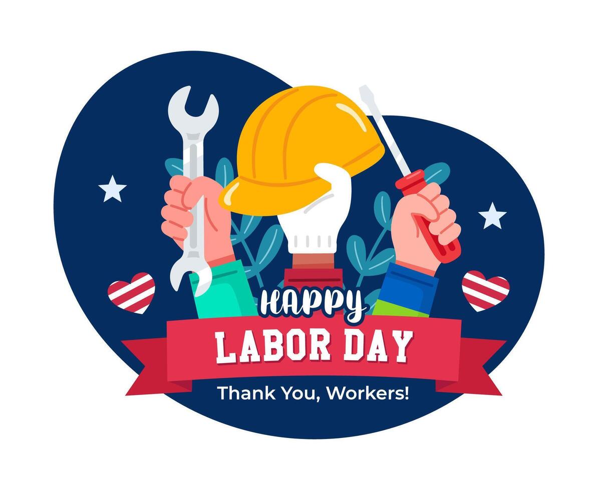 Labor Day graphic with tools and hard hat vector