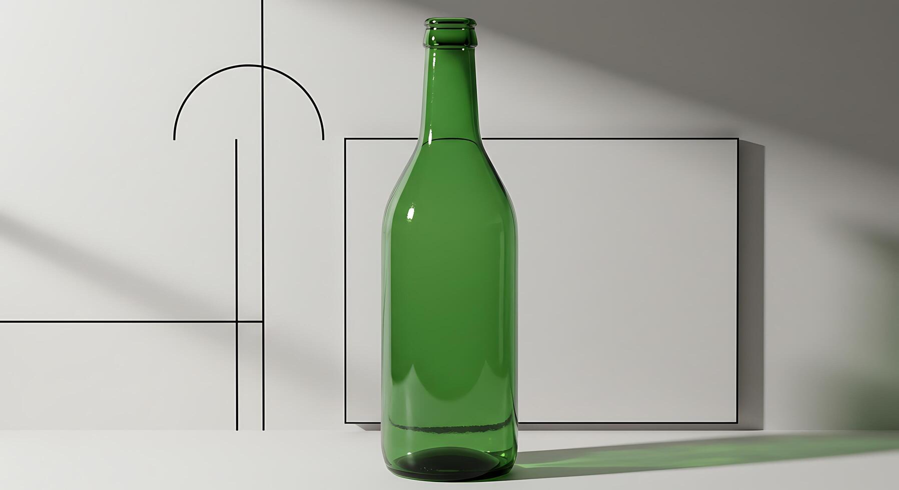A green bottle sitting on a table next to a white wall photo
