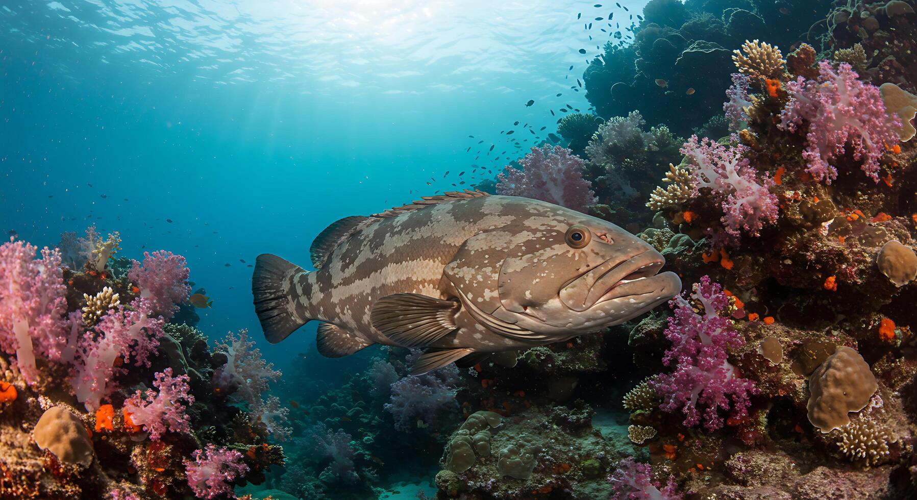 A large fish swimming in the ocean near coral photo