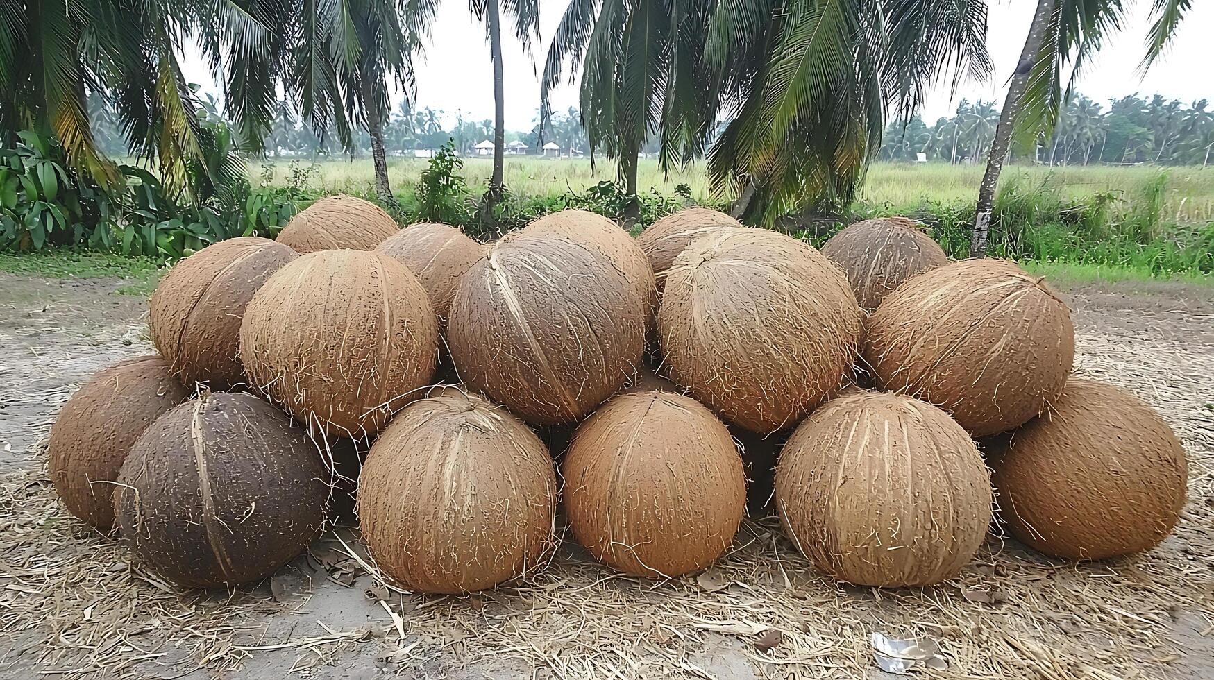 A Pile of Fresh Coconuts Ready for Harvest in a Tropical Setting. photo