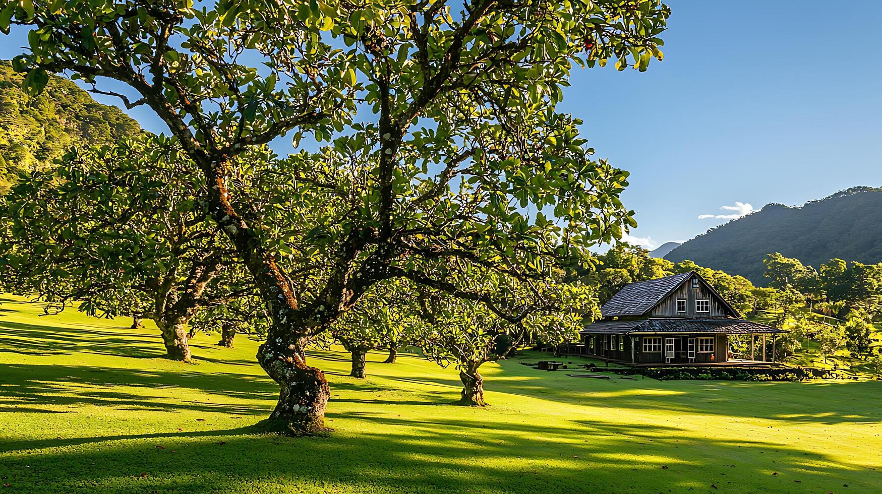 Serene Countryside Cottage Nestled Amidst Lush Greenery and Majestic Trees. photo