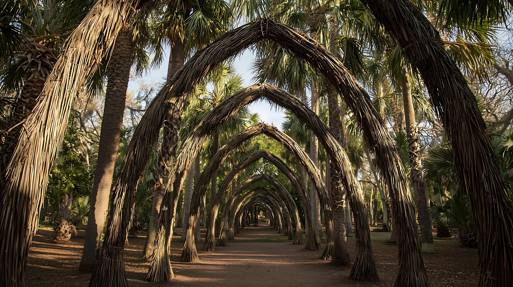 Walkway Through Arches of Natural Palm Trees in a Lush Green Park. photo
