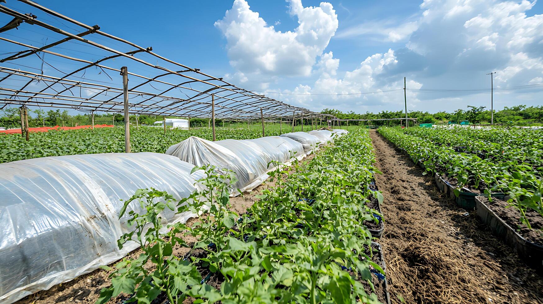 Greenhouse farming with plastic covers nurturing rows of young green plants. photo