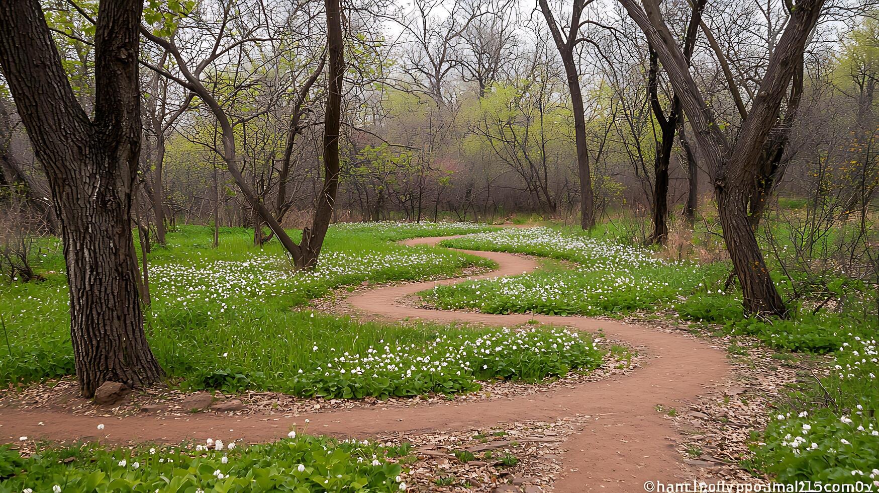 Serene Winding Path Through Spring Forest Covered in White Flowers. photo