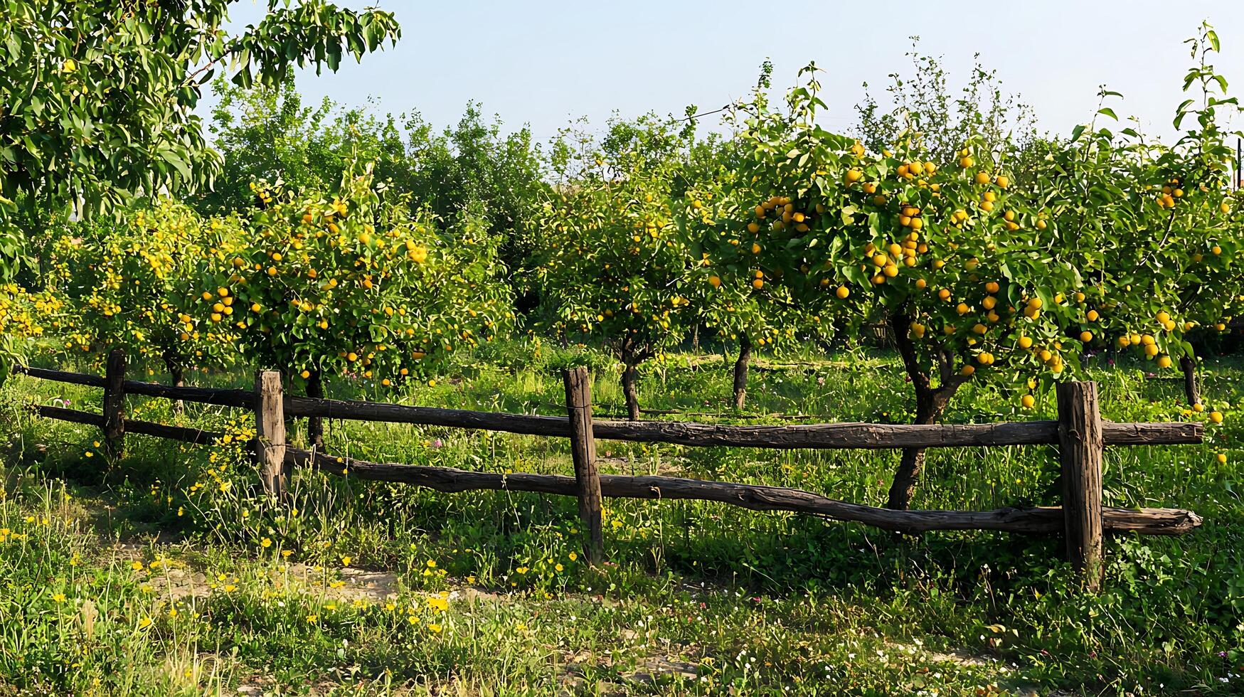 Blooming Oranges on Trees Behind a Rustic Wooden Fence. photo