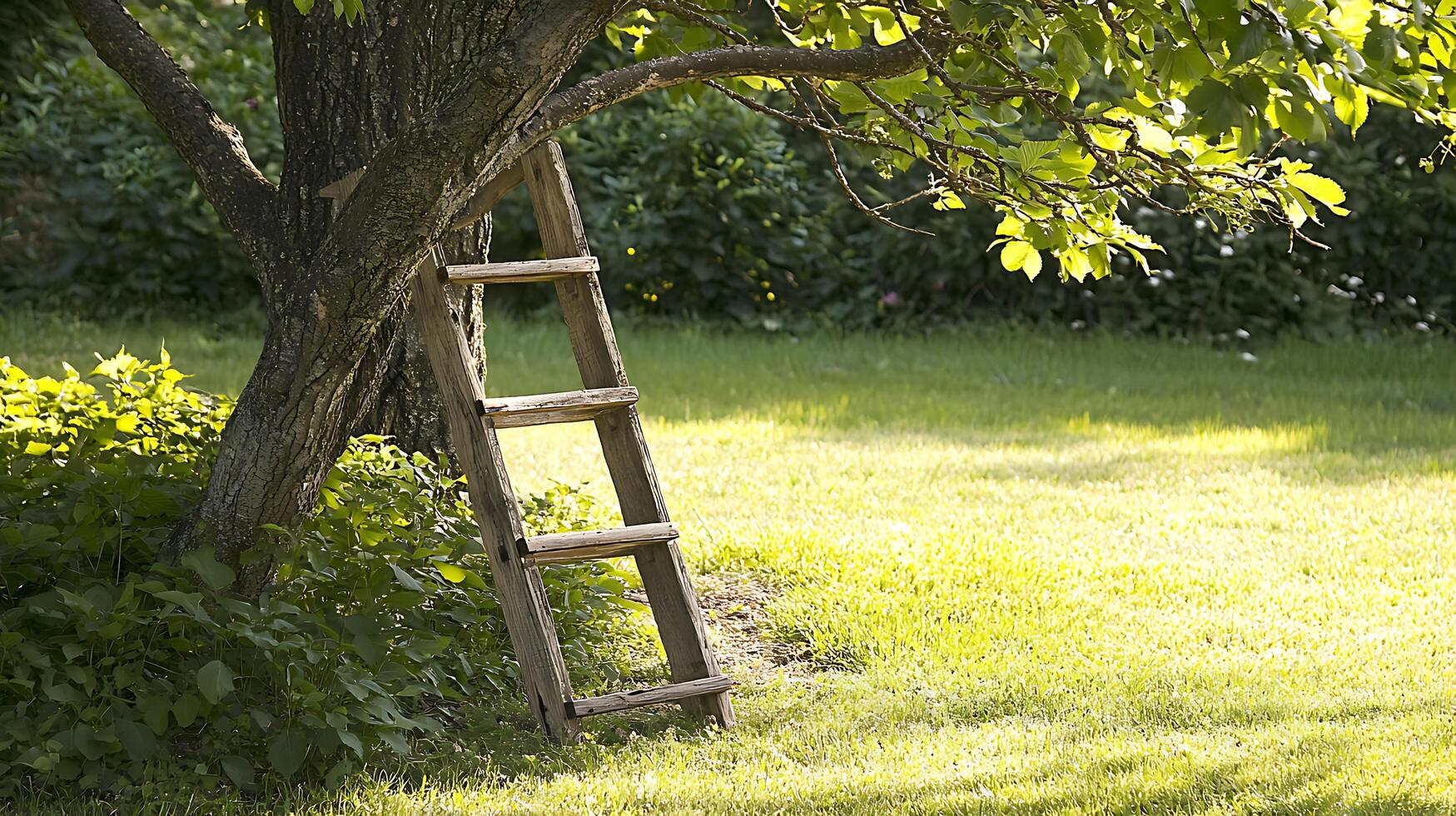 Old Wooden Ladder Leaning Against a Tree in Sunny Meadow. photo