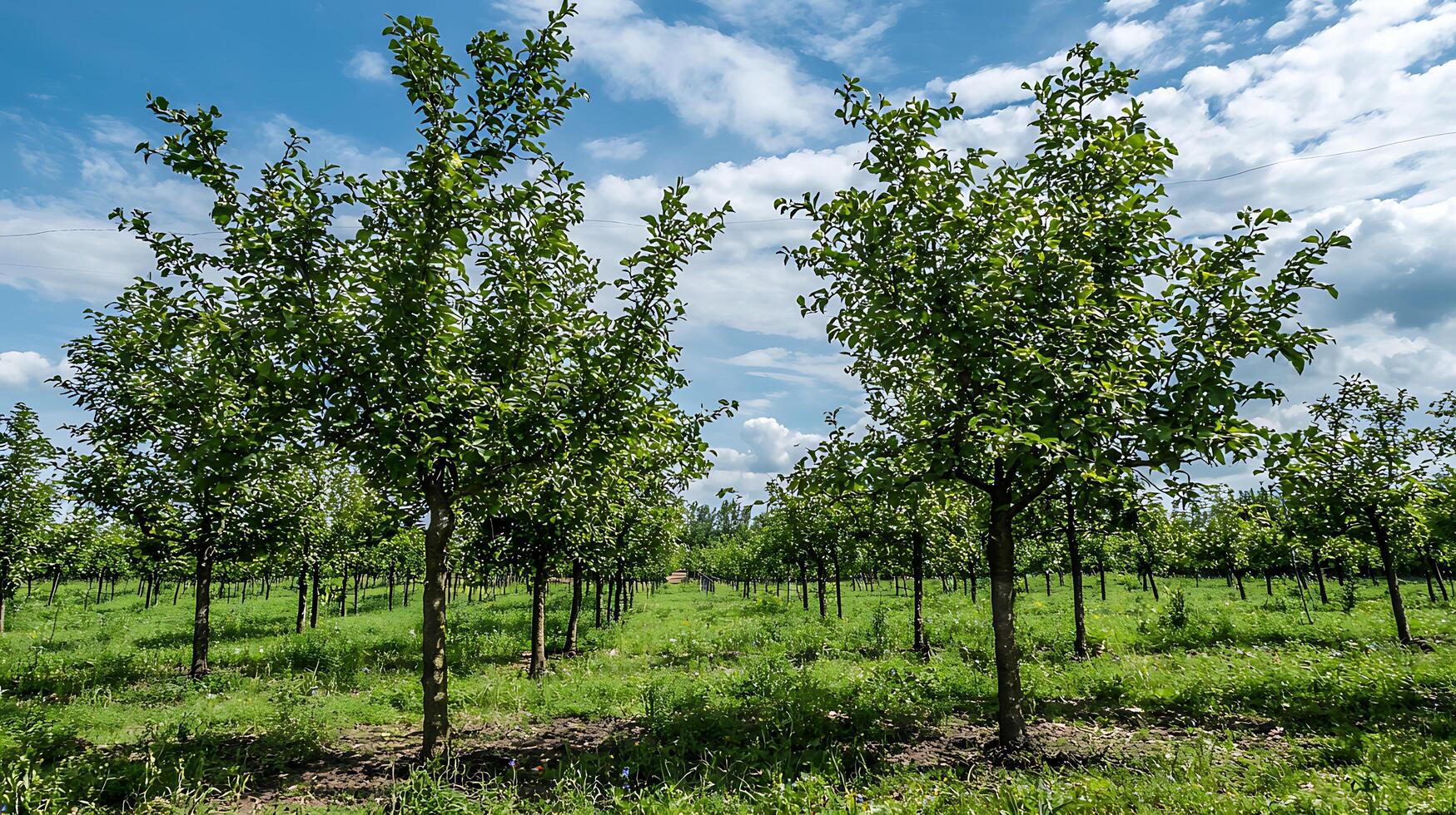 Young Trees Growing in a Row Under a Blue Sky with Clouds. photo